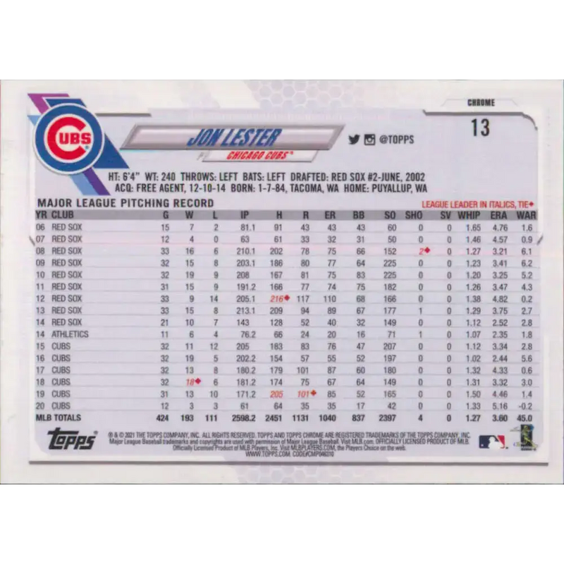 2021 Topps Chrome #13 Jon Lester NM-MT Chicago Cubs Baseball Card - Baseball Card Single