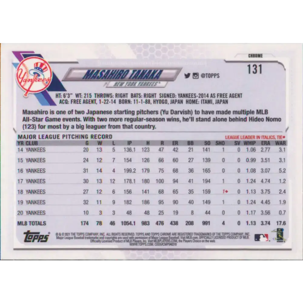 2021 Topps Chrome #131 Masahiro Tanaka NM-MT New York Yankees Baseball Card - Baseball Card Single