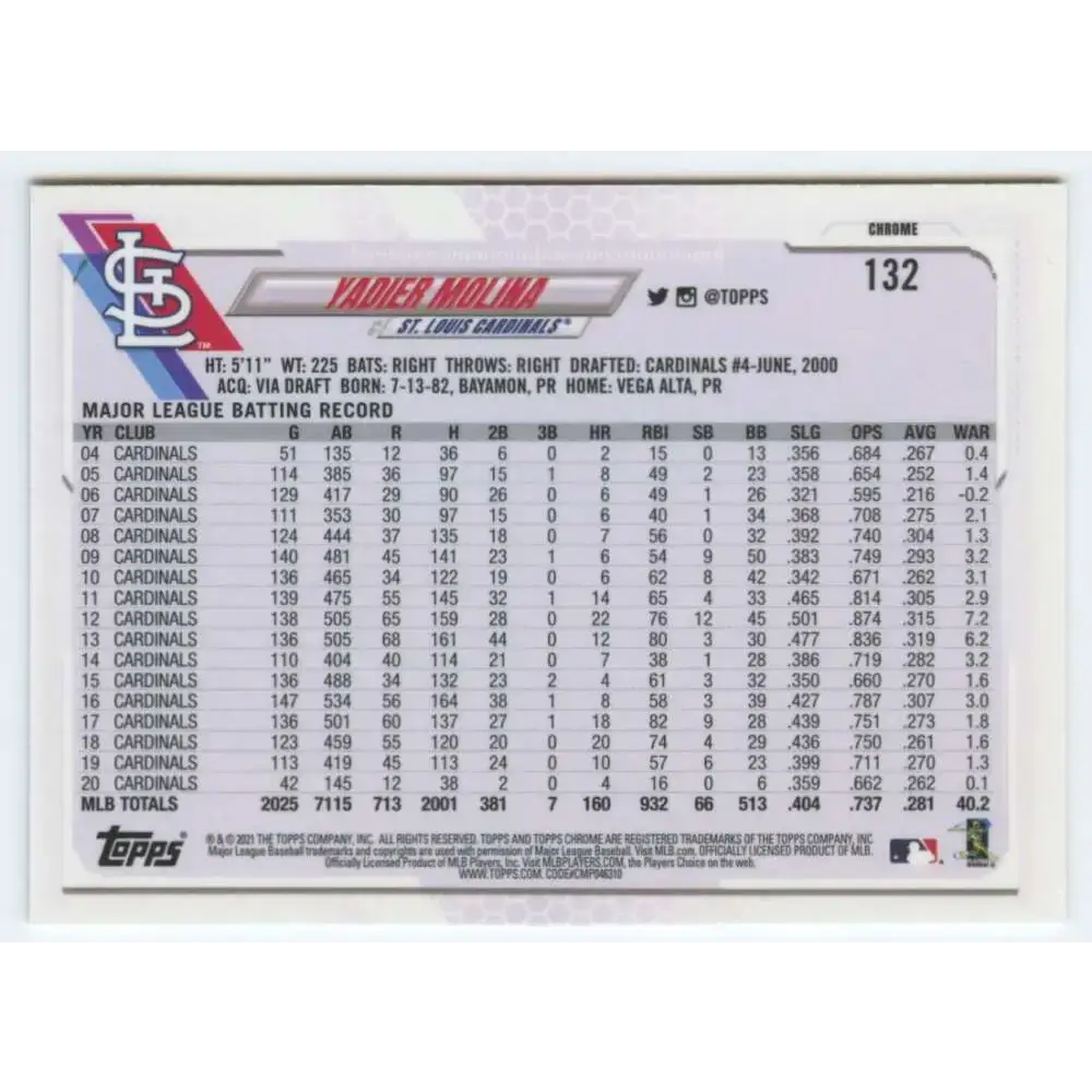2021 Topps Chrome #132 Yadier Molina NM-MT St. Louis Cardinals Baseball Card - Baseball Card Single
