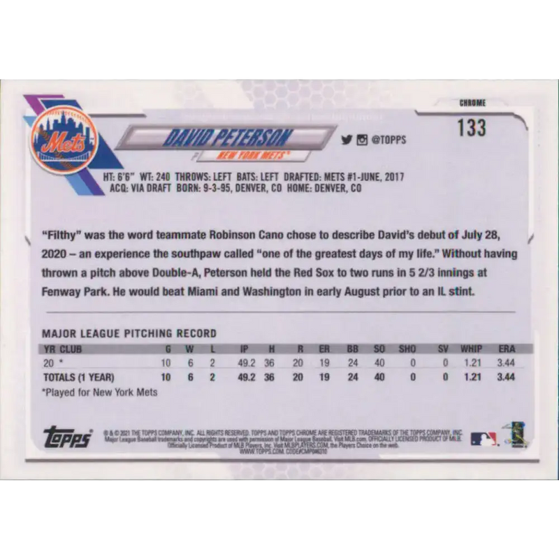 2021 Topps Chrome #133 David Peterson NM-MT RC Rookie New York Mets Baseball Card - Baseball Card Single
