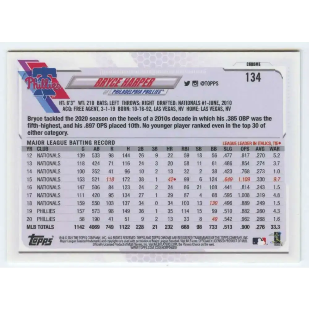 2021 Topps Chrome #134 Bryce Harper NM-MT Philadelphia Phillies Baseball Card - Baseball Card Single