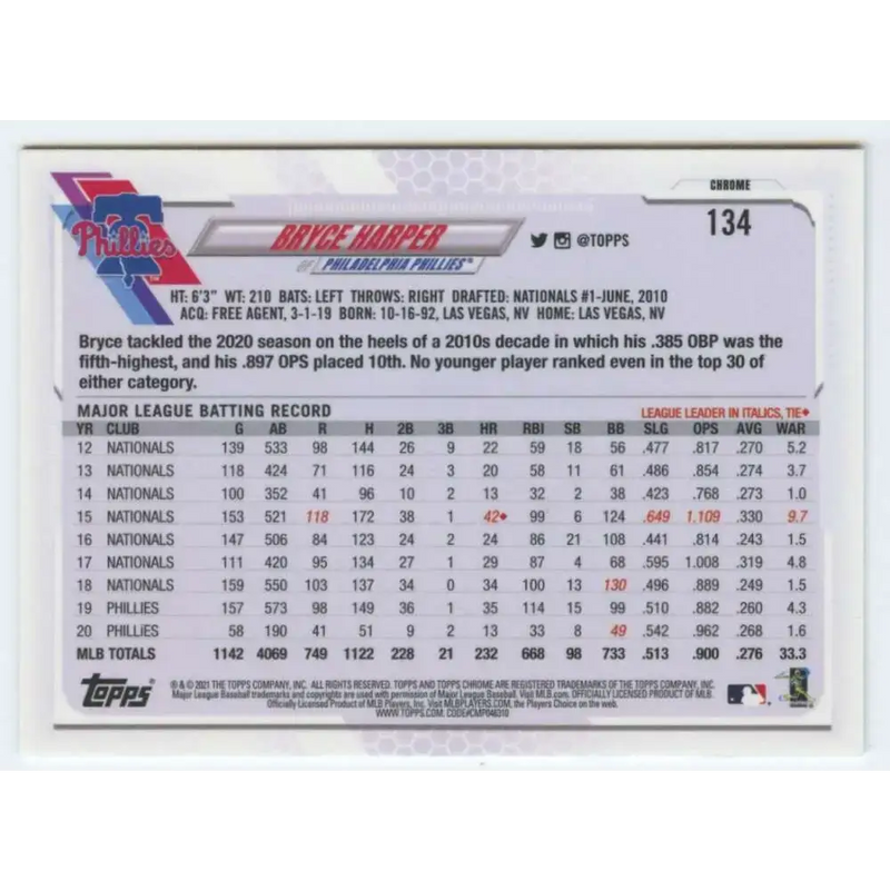 2021 Topps Chrome #134 Bryce Harper NM-MT Philadelphia Phillies Baseball Card - Baseball Card Single