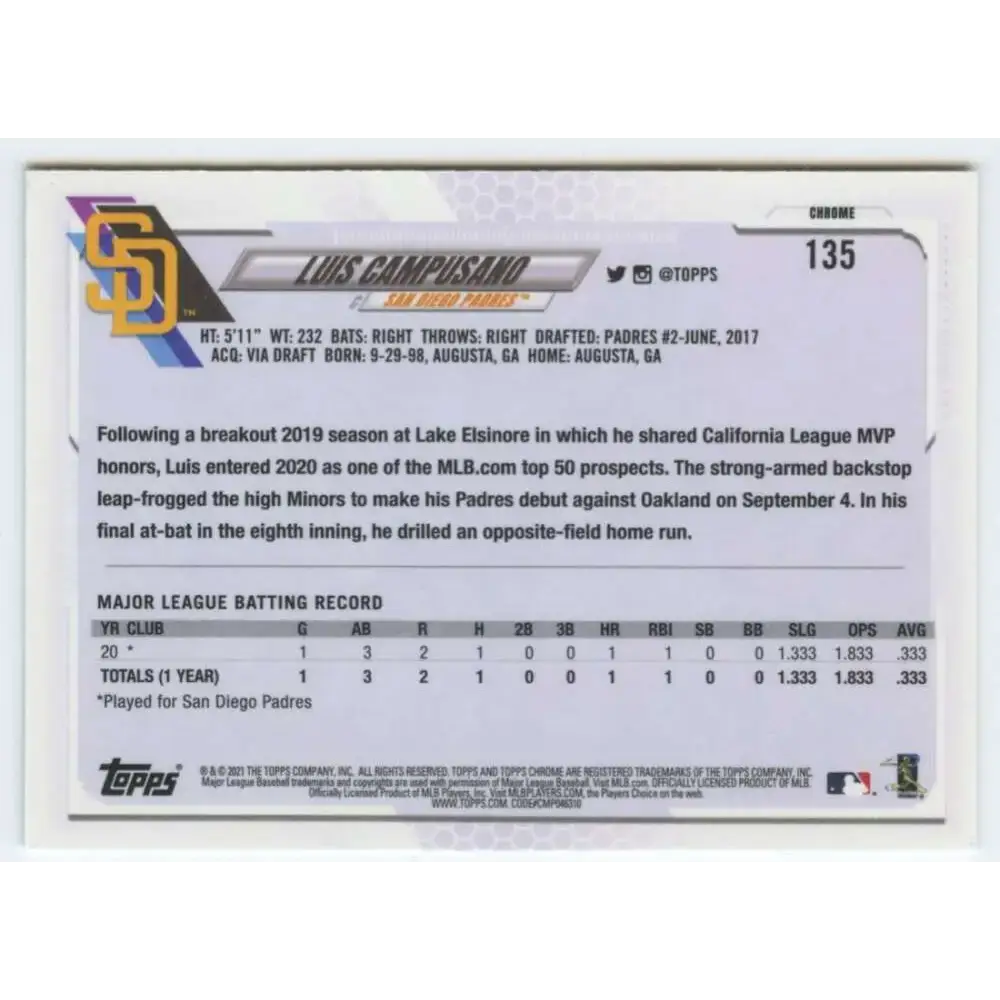 2021 Topps Chrome #135 Luis Campusano NM-MT RC Rookie San Diego Padres Baseball Card - Baseball Card Single