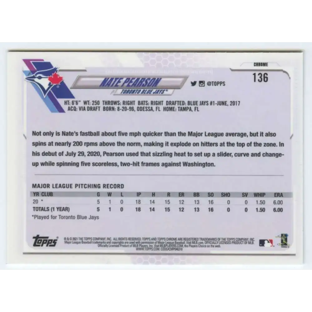 2021 Topps Chrome #136 Nate Pearson NM-MT RC Rookie Toronto Blue Jays Baseball Card - Baseball Card Single