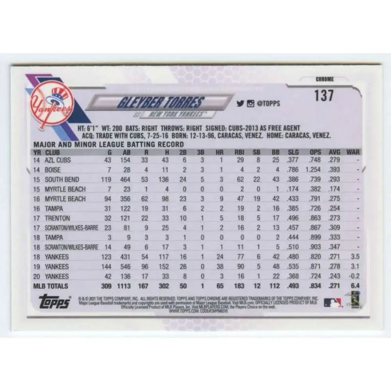2021 Topps Chrome #137 Gleyber Torres NM-MT New York Yankees Baseball Card - Baseball Card Single