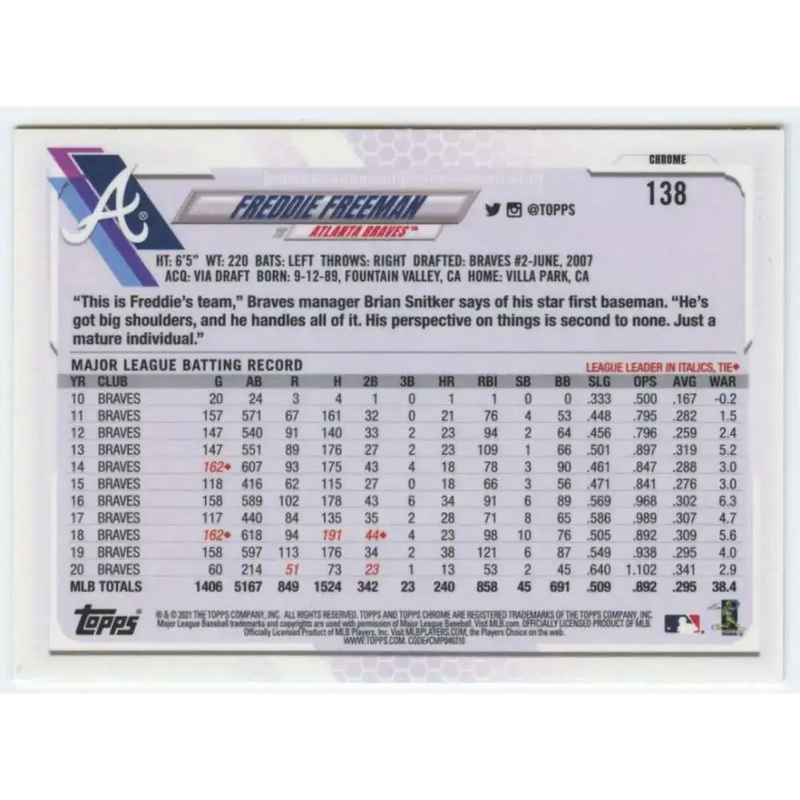 2021 Topps Chrome #138 Freddie Freeman NM-MT Atlanta Braves Baseball Card - Baseball Card Single