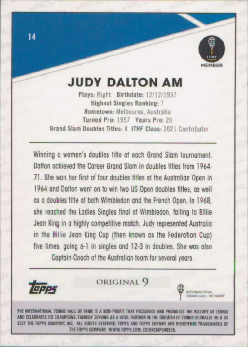 2021 Topps Chrome #14 Judy Dalton EX Excellent Tennis Card - Other