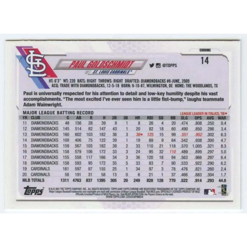 2021 Topps Chrome #14 Paul Goldschmidt NM-MT St. Louis Cardinals Baseball Card - Baseball Card Single