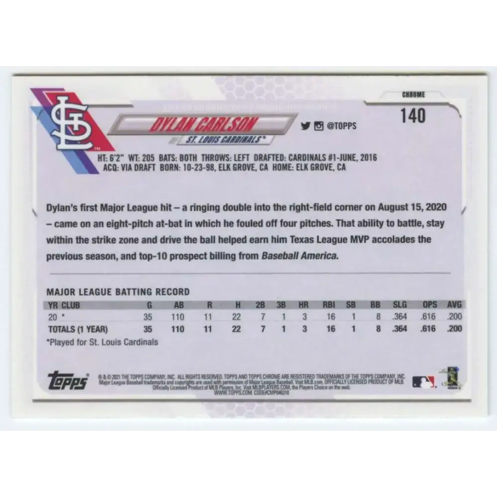2021 Topps Chrome #140 Dylan Carlson NM-MT RC Rookie St. Louis Cardinals Baseball Card - Baseball Card Single