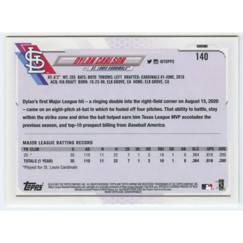 2021 Topps Chrome #140 Dylan Carlson NM-MT RC Rookie St. Louis Cardinals Baseball Card - Baseball Card Single