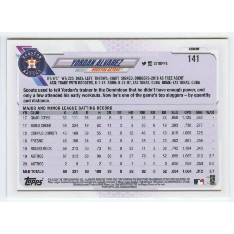 2021 Topps Chrome #141 Yordan Alvarez NM-MT Houston Astros Baseball Card - Baseball Card Single