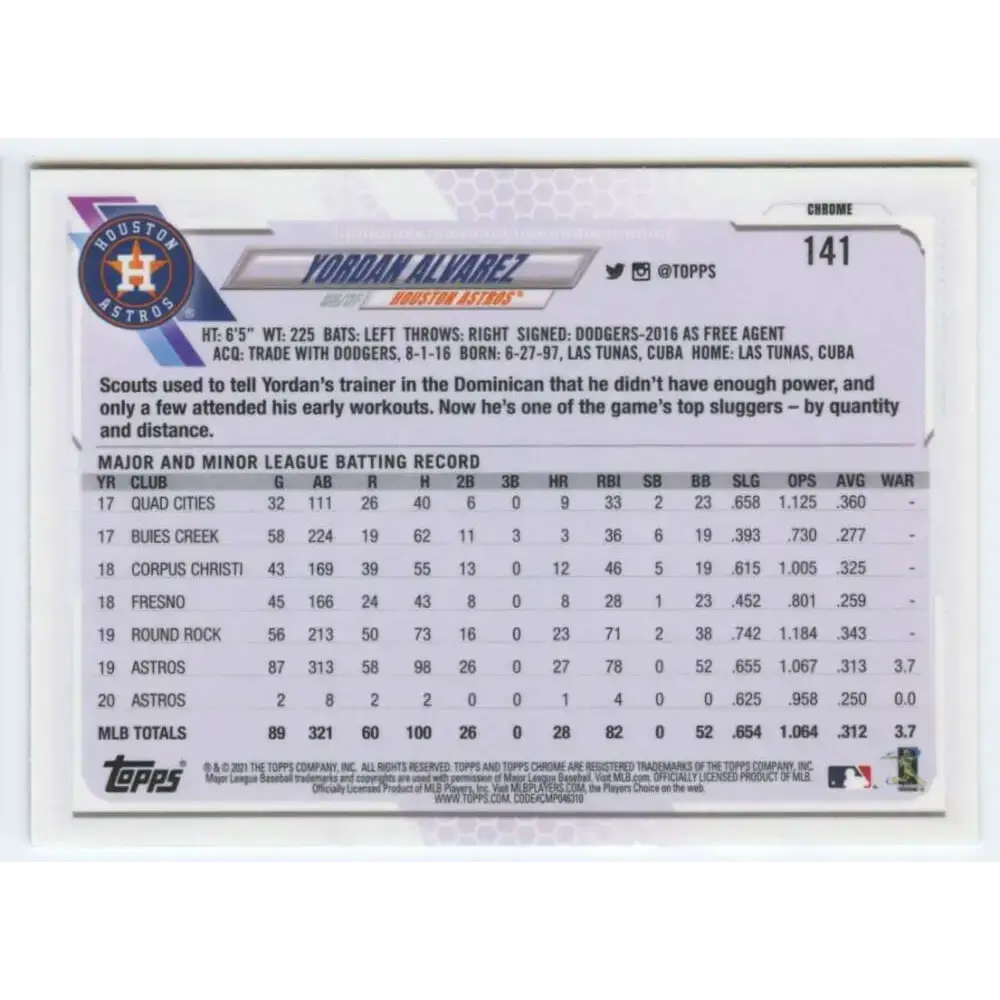 2021 Topps Chrome #141 Yordan Alvarez NM-MT Houston Astros Baseball Card - Baseball Card Single