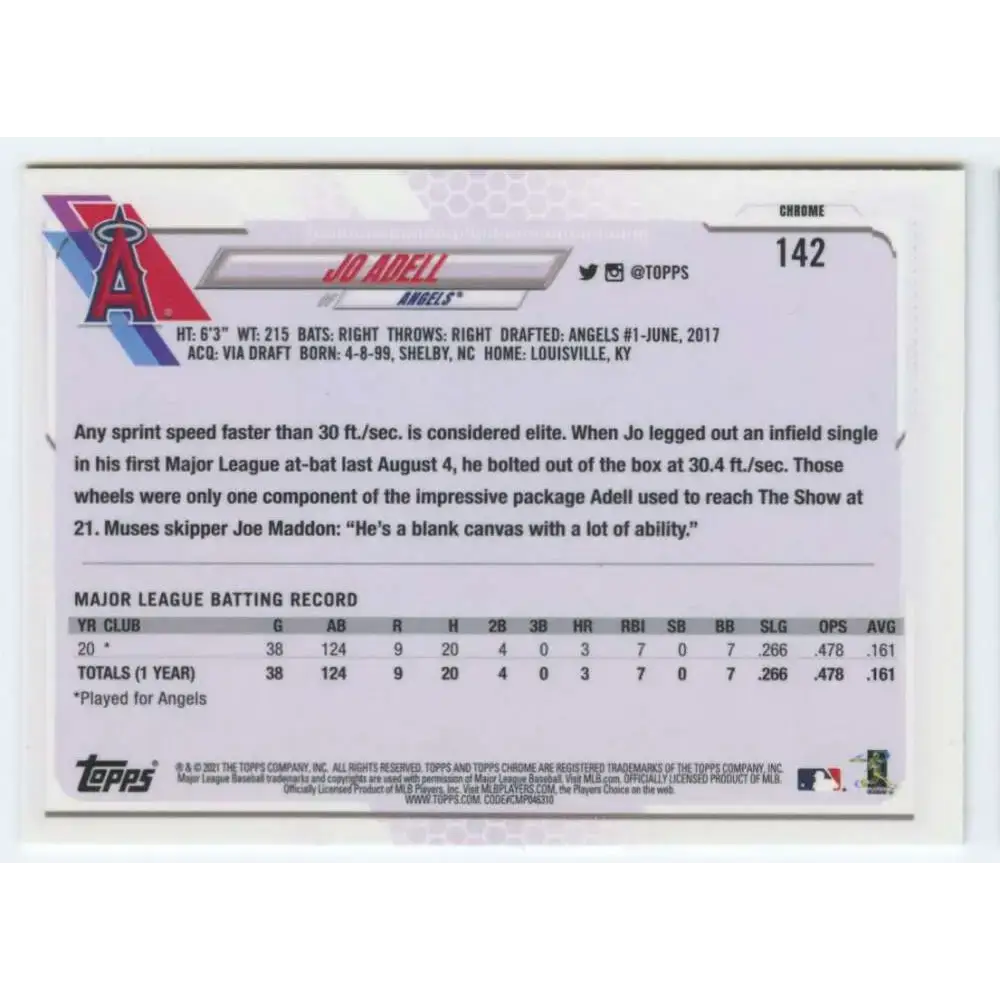 2021 Topps Chrome #142 Jo Adell NM-MT RC Rookie Los Angeles Angels Baseball Card - Baseball Card Single