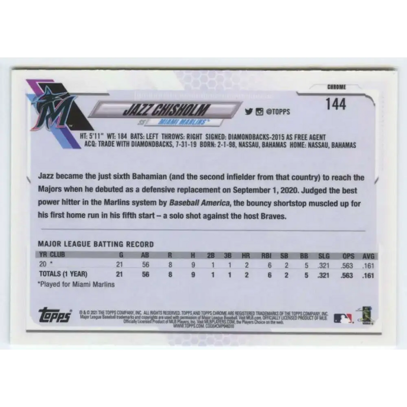 2021 Topps Chrome #144 Jazz Chisholm NM-MT RC Rookie Miami Marlins Baseball Card - Baseball Card Single