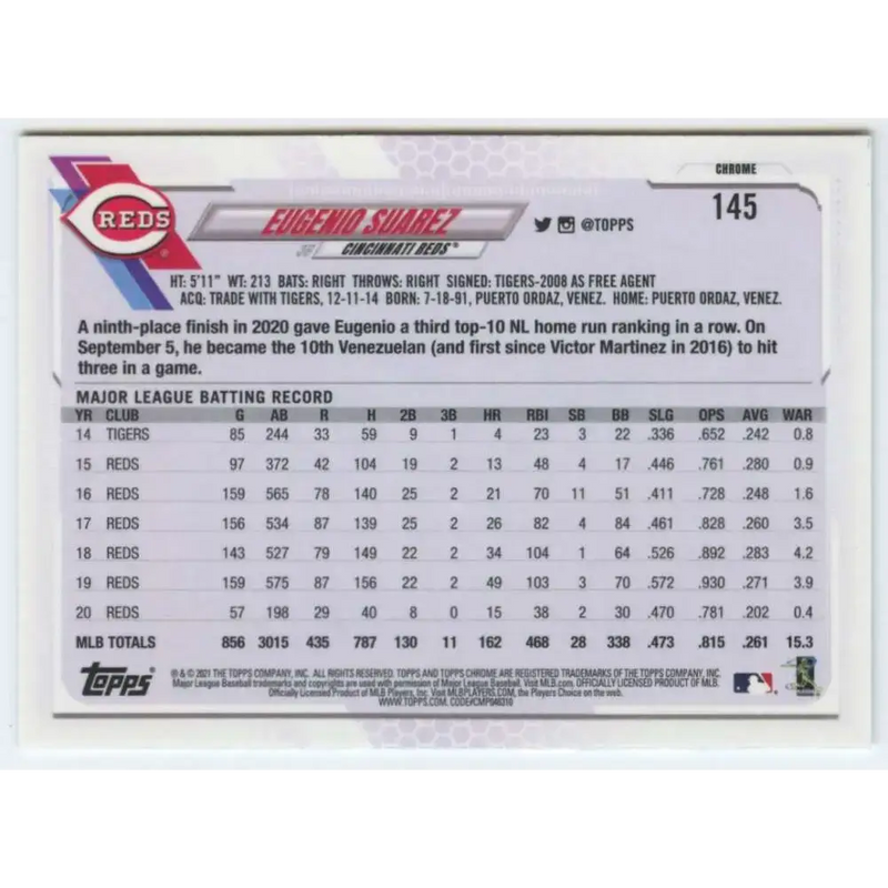 2021 Topps Chrome #145 Eugenio Suarez NM-MT Cincinnati Reds Baseball Card - Baseball Card Single