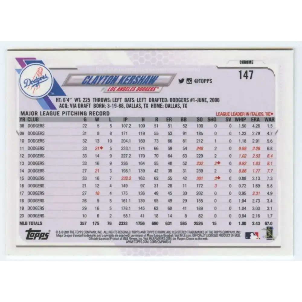 2021 Topps Chrome #147 Clayton Kershaw NM-MT Los Angeles Dodgers Baseball Card - Baseball Card Single