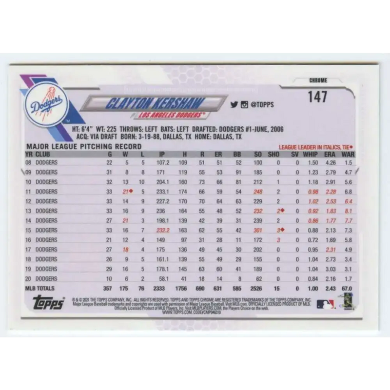 2021 Topps Chrome #147 Clayton Kershaw NM-MT Los Angeles Dodgers Baseball Card - Baseball Card Single