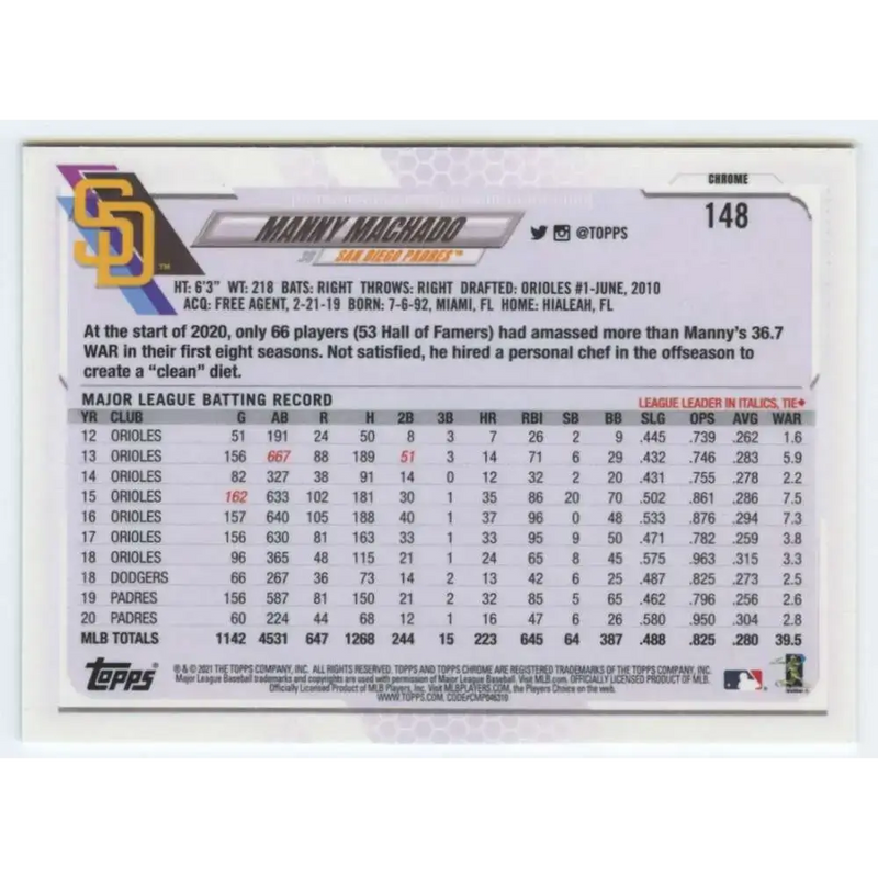 2021 Topps Chrome #148 Manny Machado NM-MT San Diego Padres Baseball Card - Baseball Card Single