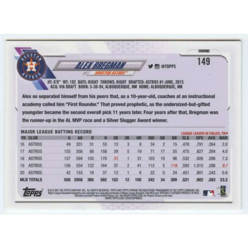 2021 Topps Chrome #149 Alex Bregman NM-MT Houston Astros Baseball Card - Baseball Card Single
