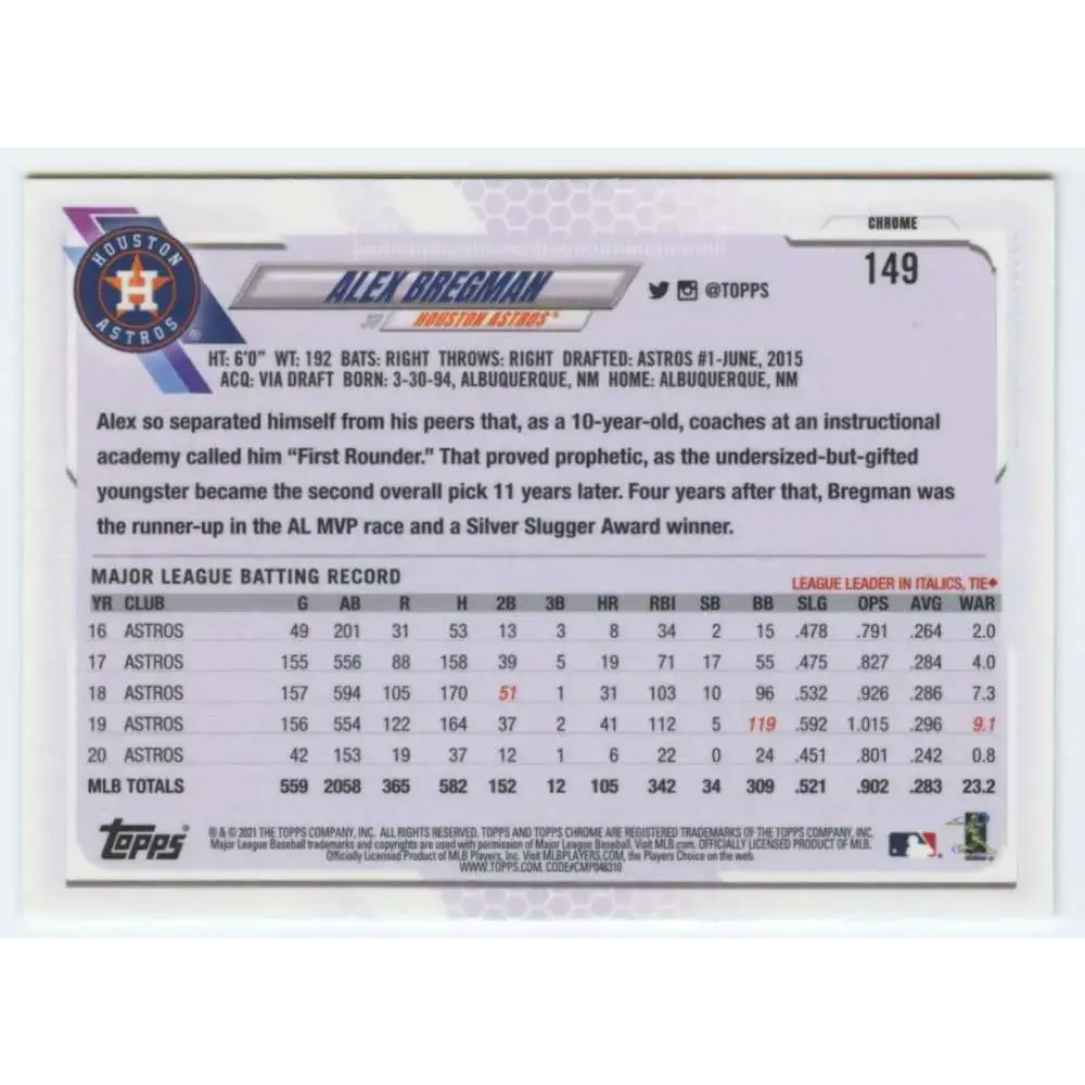 2021 Topps Chrome #149 Alex Bregman NM-MT Houston Astros Baseball Card - Baseball Card Single
