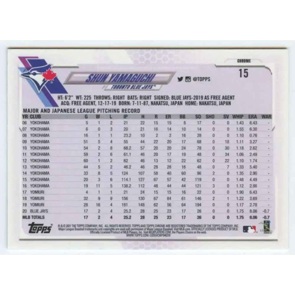 2021 Topps Chrome #15 Shun Yamaguchi NM-MT Toronto Blue Jays Baseball Card - Baseball Card Single