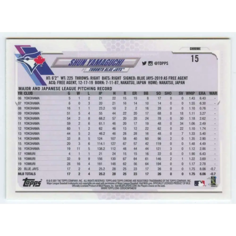 2021 Topps Chrome #15 Shun Yamaguchi NM-MT Toronto Blue Jays Baseball Card - Baseball Card Single
