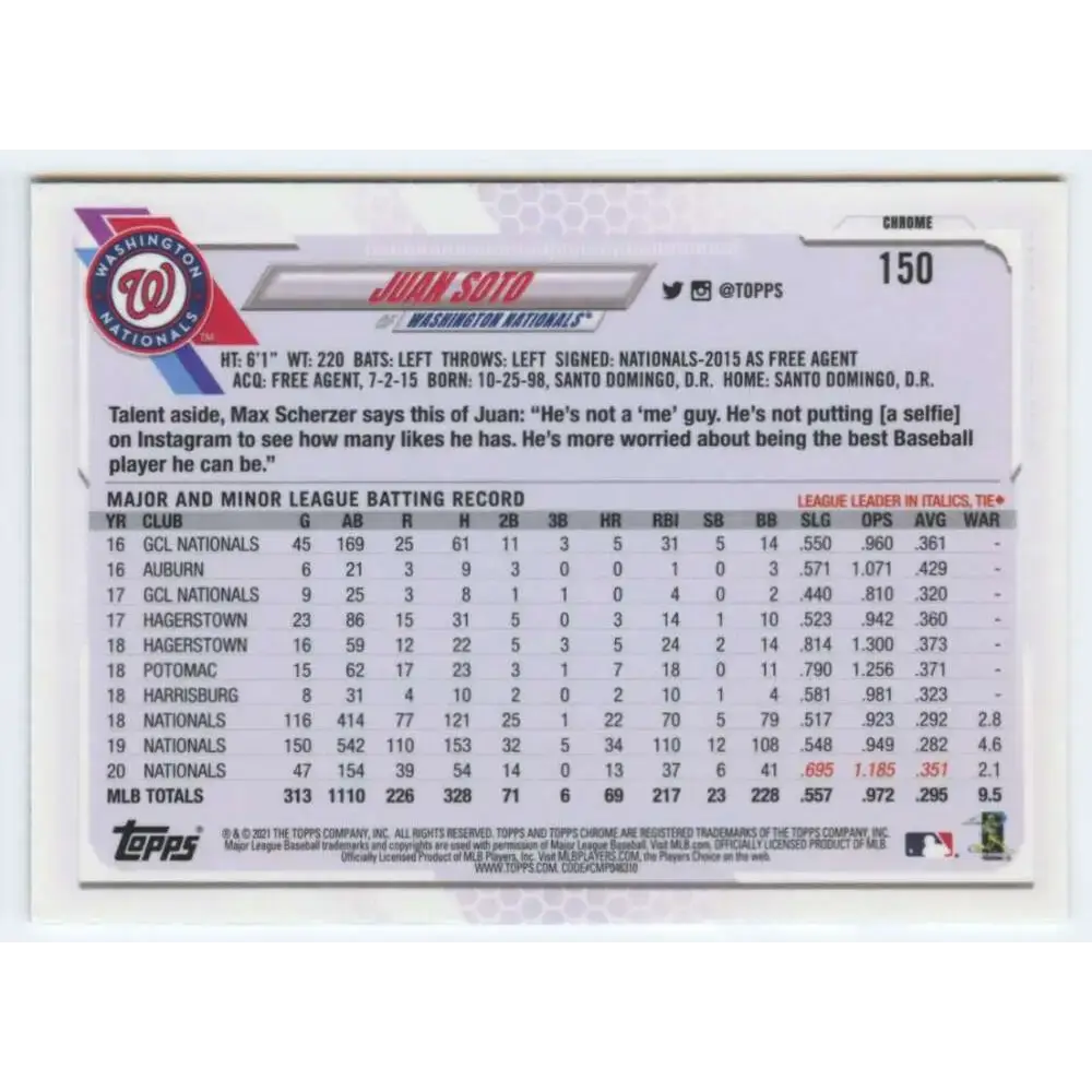 2021 Topps Chrome #150 Juan Soto NM-MT Washington Nationals Baseball Card - Baseball Card Single