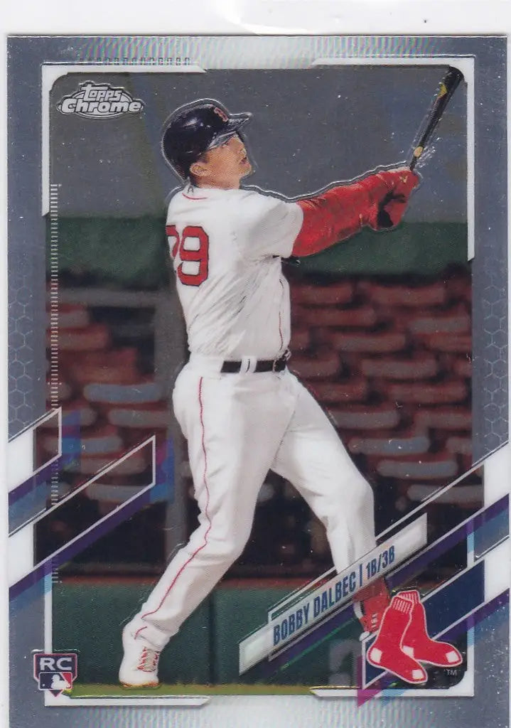 Baseball player in white uniform with red accents swinging bat for Topps Chrome Bobby Dalbec RC Boston Red Sox