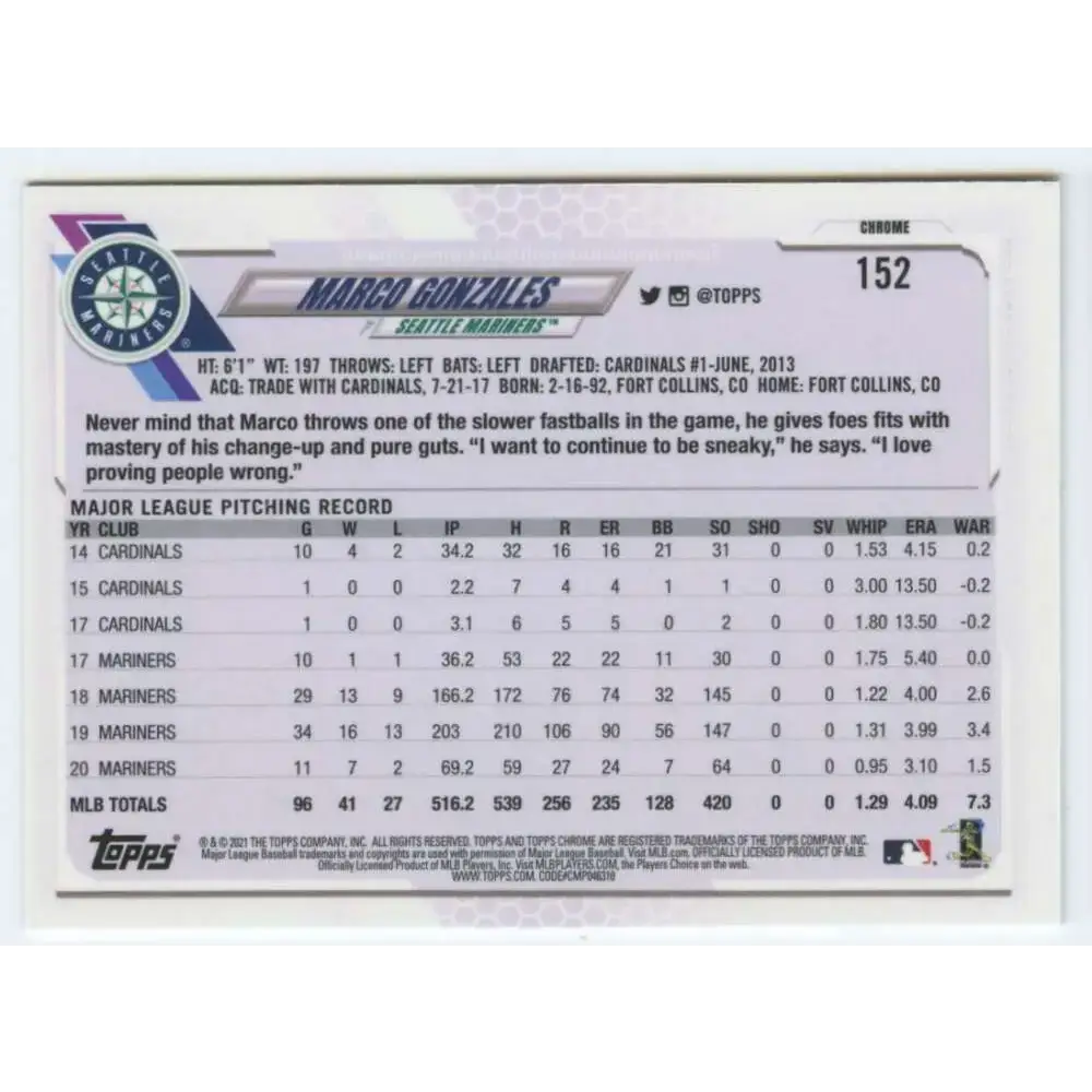2021 Topps Chrome #152 Marco Gonzales NM-MT Seattle Mariners Baseball Card - Baseball Card Single