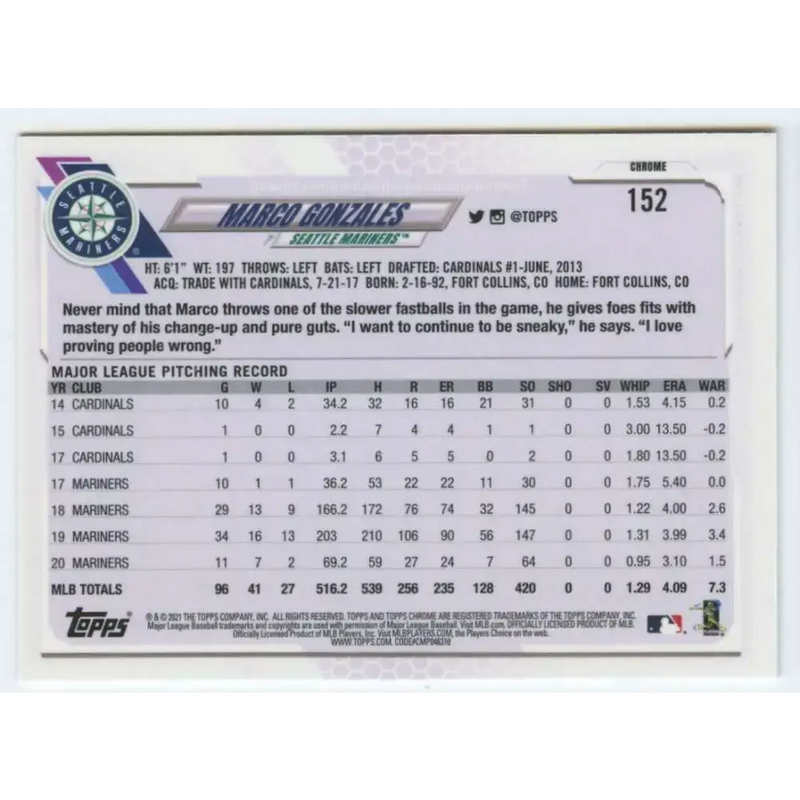 2021 Topps Chrome #152 Marco Gonzales NM-MT Seattle Mariners Baseball Card - Baseball Card Single
