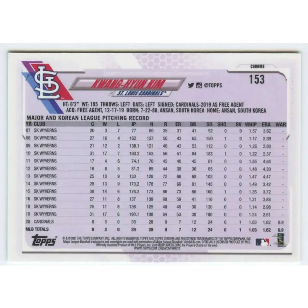 2021 Topps Chrome #153 Kwang-Hyun Kim NM-MT St. Louis Cardinals Baseball Card - Baseball Card Single