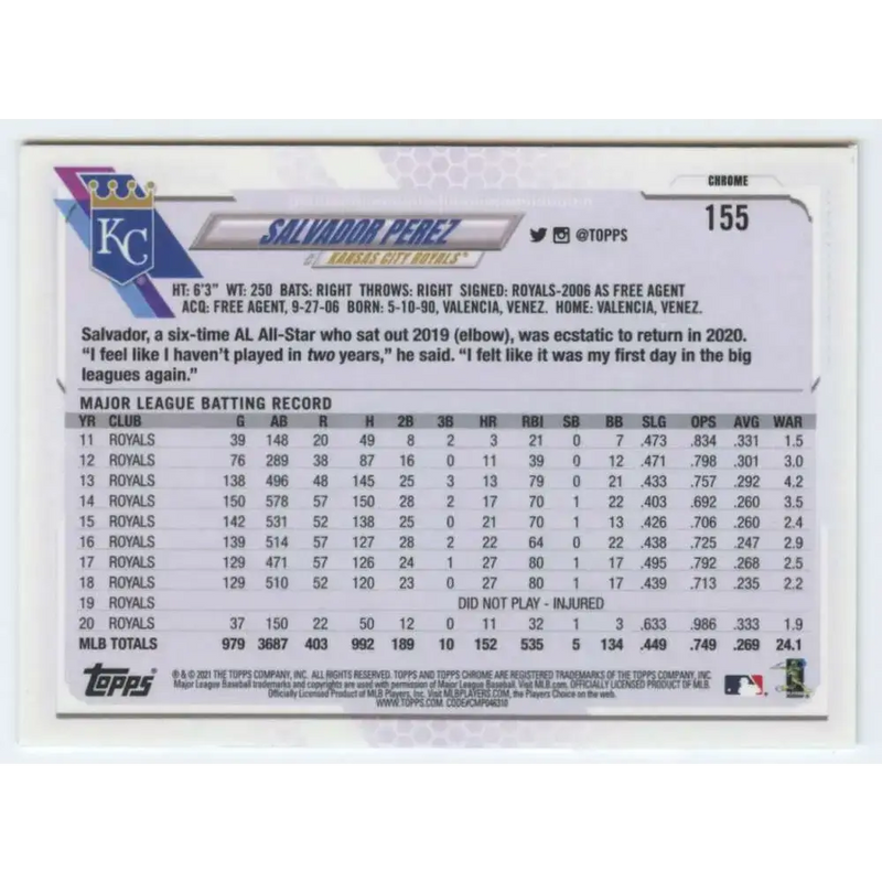 2021 Topps Chrome #155 Salvador Perez NM-MT Kansas City Royals Baseball Card - Baseball Card Single