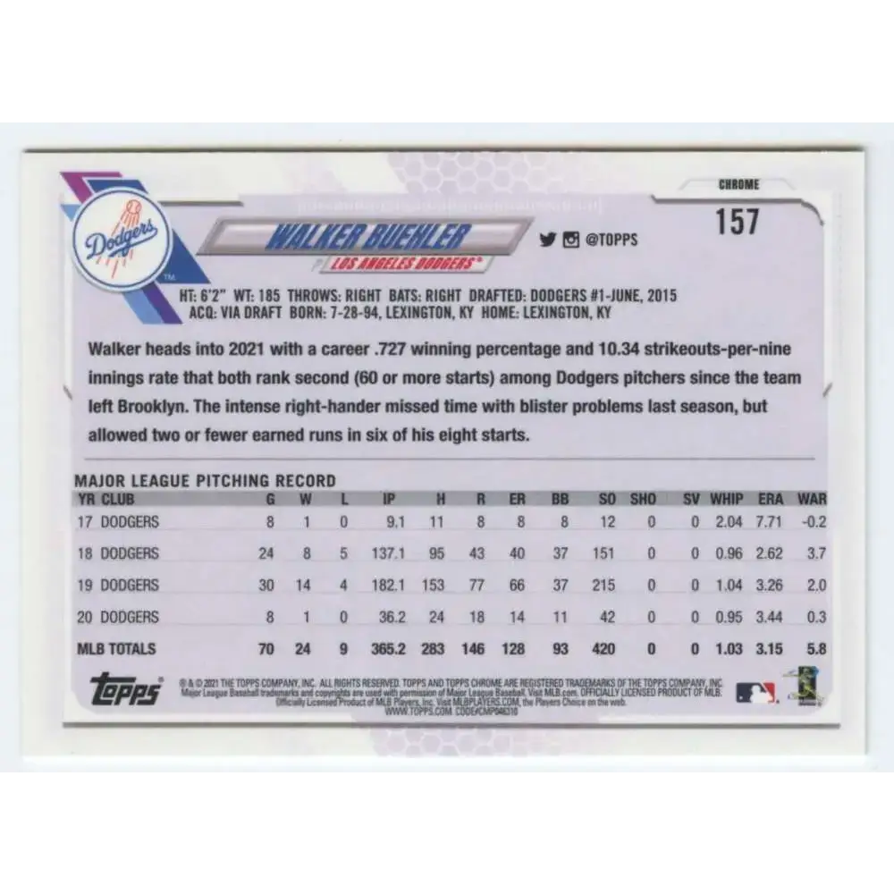 2021 Topps Chrome #157 Walker Buehler NM-MT Los Angeles Dodgers Baseball Card - Baseball Card Single