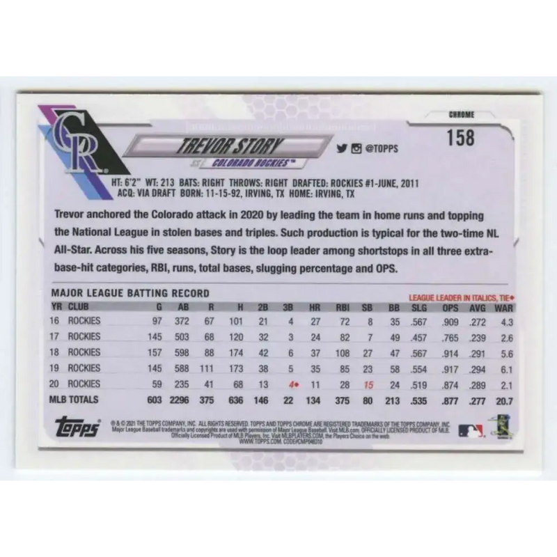2021 Topps Chrome #158 Trevor Story NM-MT Colorado Rockies Baseball Card - Baseball Card Single