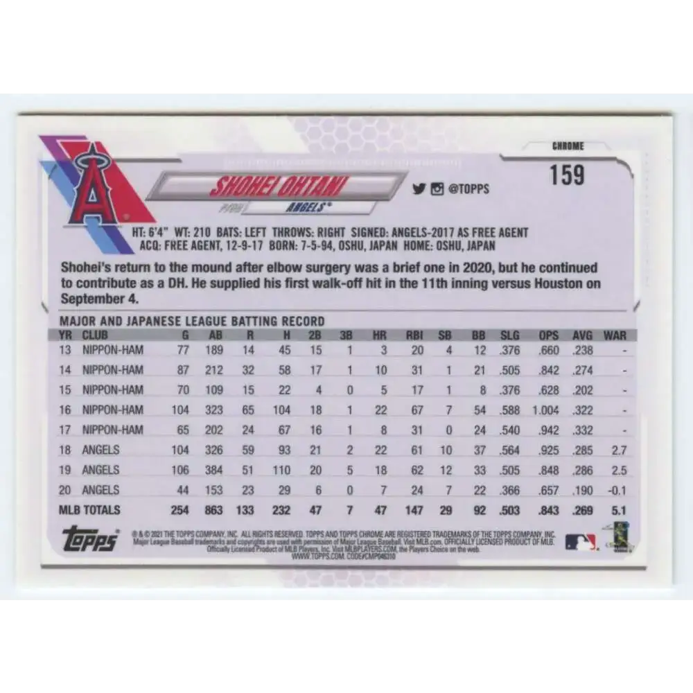 2021 Topps Chrome #159 Shohei Ohtani NM-MT Los Angeles Angels Baseball Card