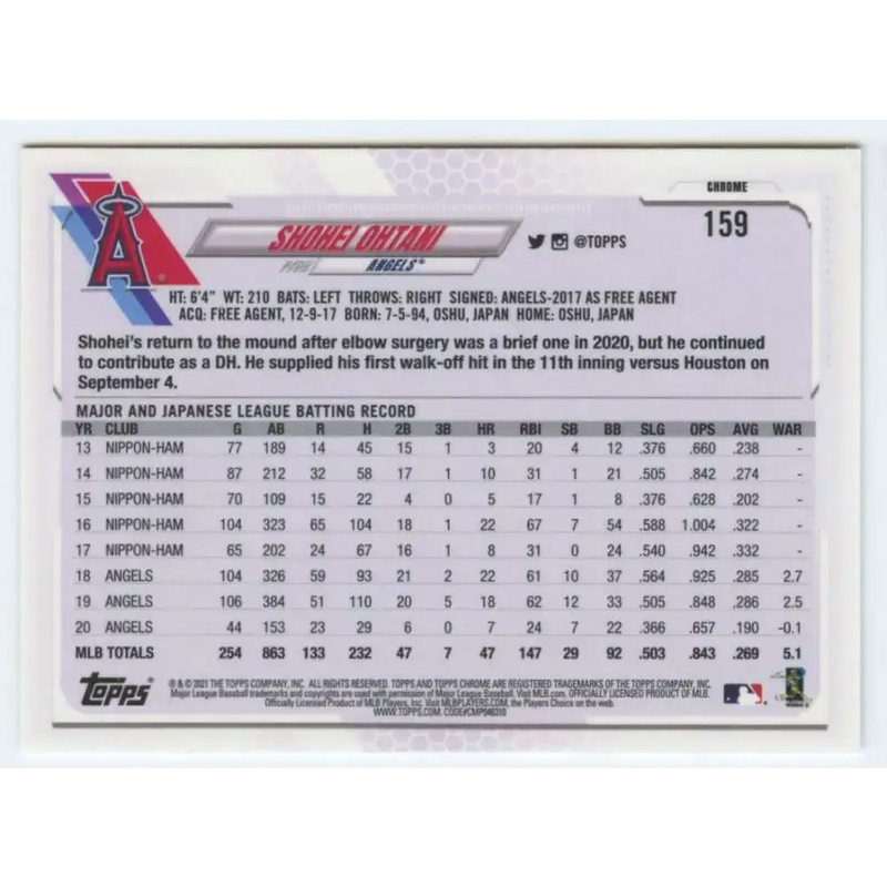 2021 Topps Chrome #159 Shohei Ohtani NM-MT Los Angeles Angels Baseball Card - Baseball Card Single