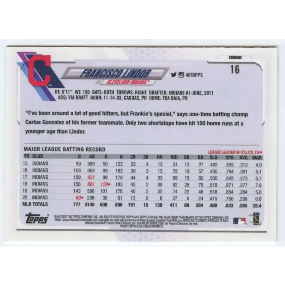 2021 Topps Chrome #16 Francisco Lindor NM-MT Cleveland Indians Baseball Card - Baseball Card Single