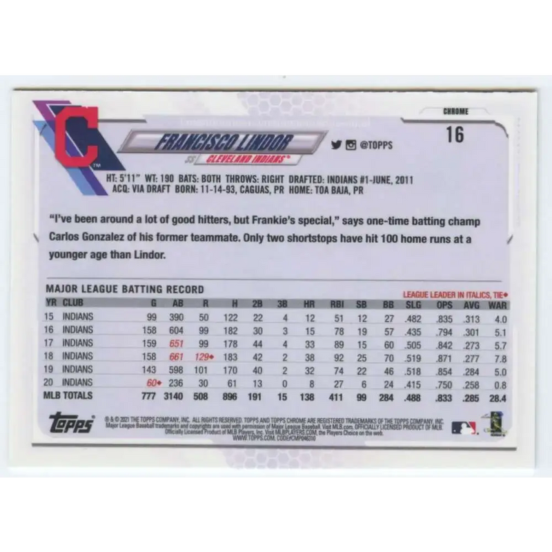 2021 Topps Chrome #16 Francisco Lindor NM-MT Cleveland Indians Baseball Card - Baseball Card Single