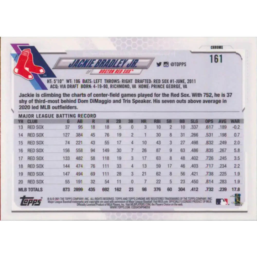 2021 Topps Chrome #161 Jackie Bradley Jr. NM-MT Boston Red Sox Baseball Card - Baseball Card Single