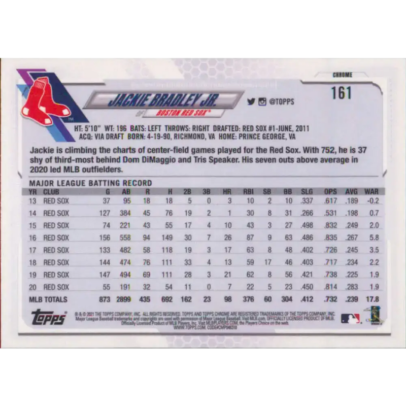 2021 Topps Chrome #161 Jackie Bradley Jr. NM-MT Boston Red Sox Baseball Card - Baseball Card Single