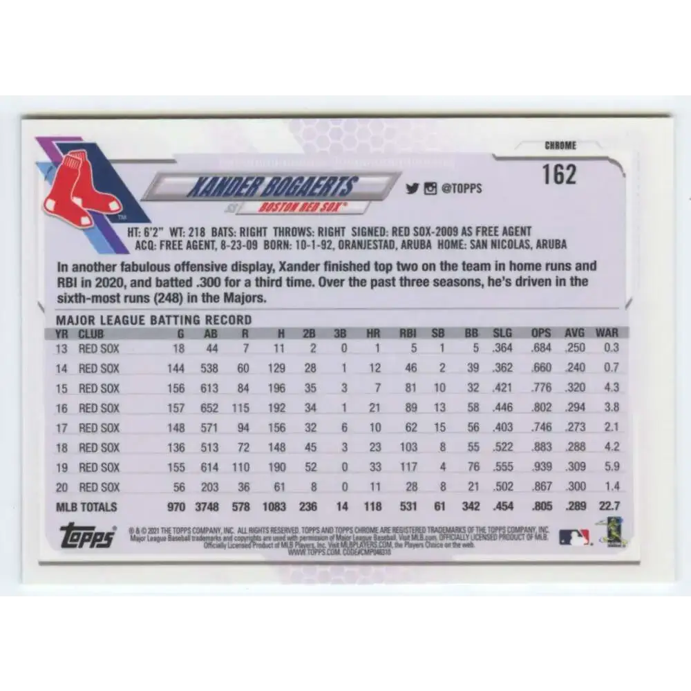 2021 Topps Chrome #162 Xander Bogaerts NM-MT Boston Red Sox Baseball Card - Baseball Card Single