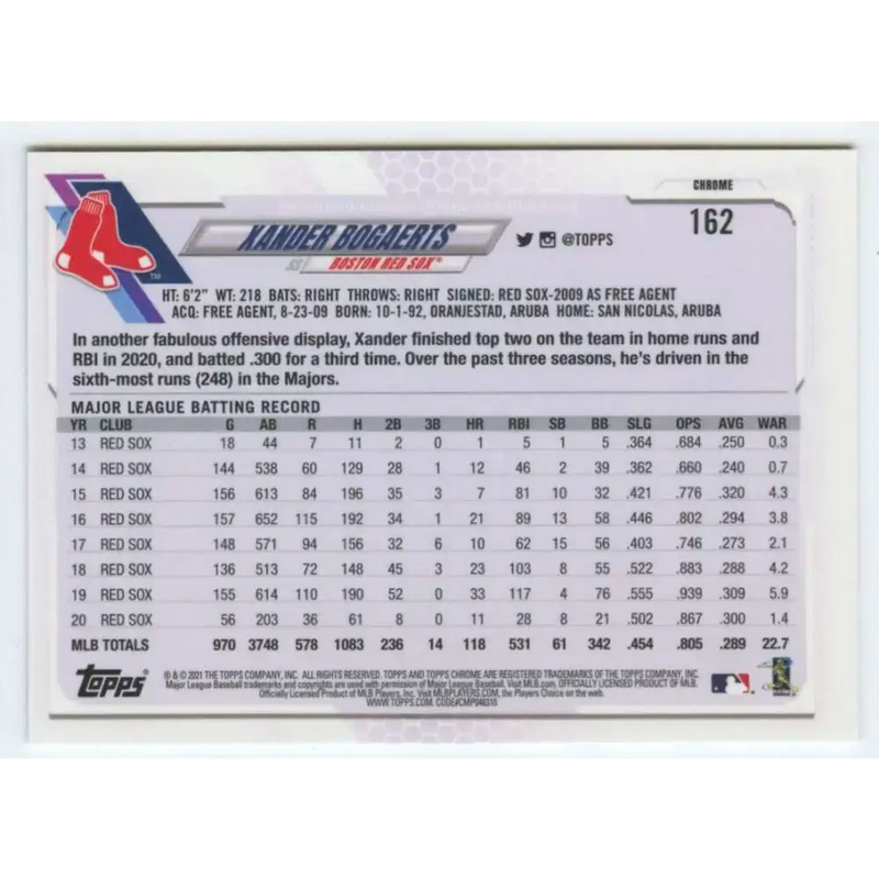 2021 Topps Chrome #162 Xander Bogaerts NM-MT Boston Red Sox Baseball Card - Baseball Card Single
