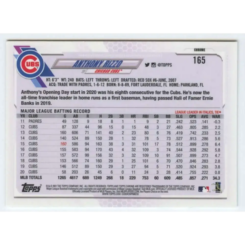 2021 Topps Chrome #165 Anthony Rizzo NM-MT Chicago Cubs Baseball Card - Baseball Card Single
