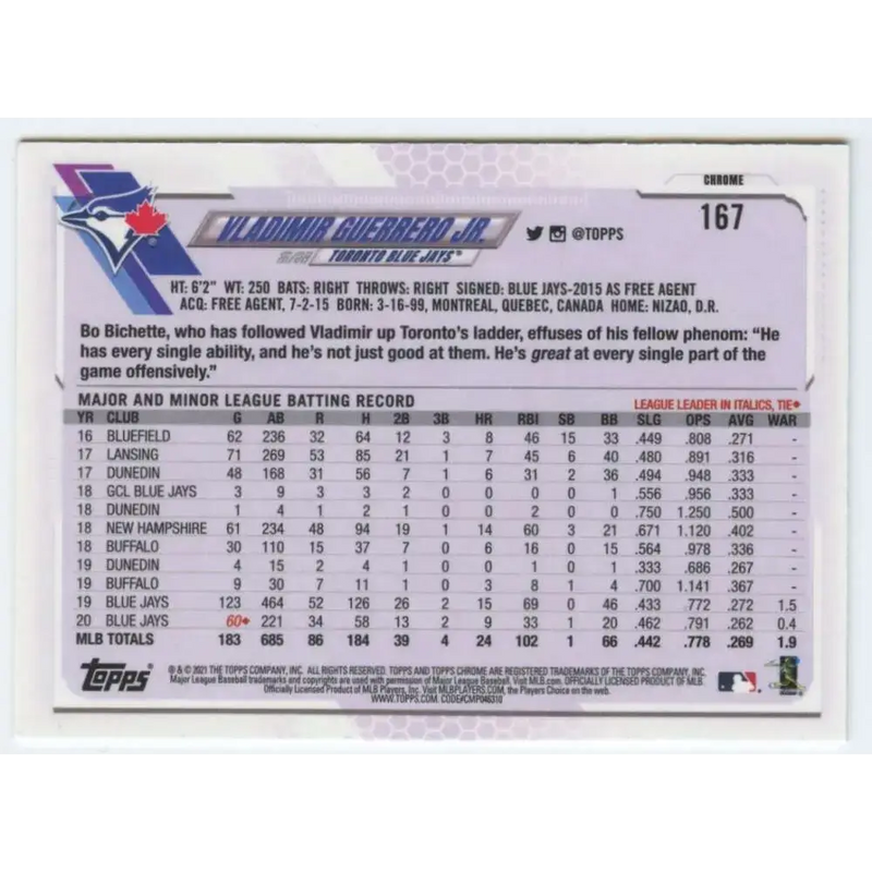 2021 Topps Chrome #167 Vladimir Guerrero Jr. NM-MT Toronto Blue Jays Baseball Card - Baseball Card Single