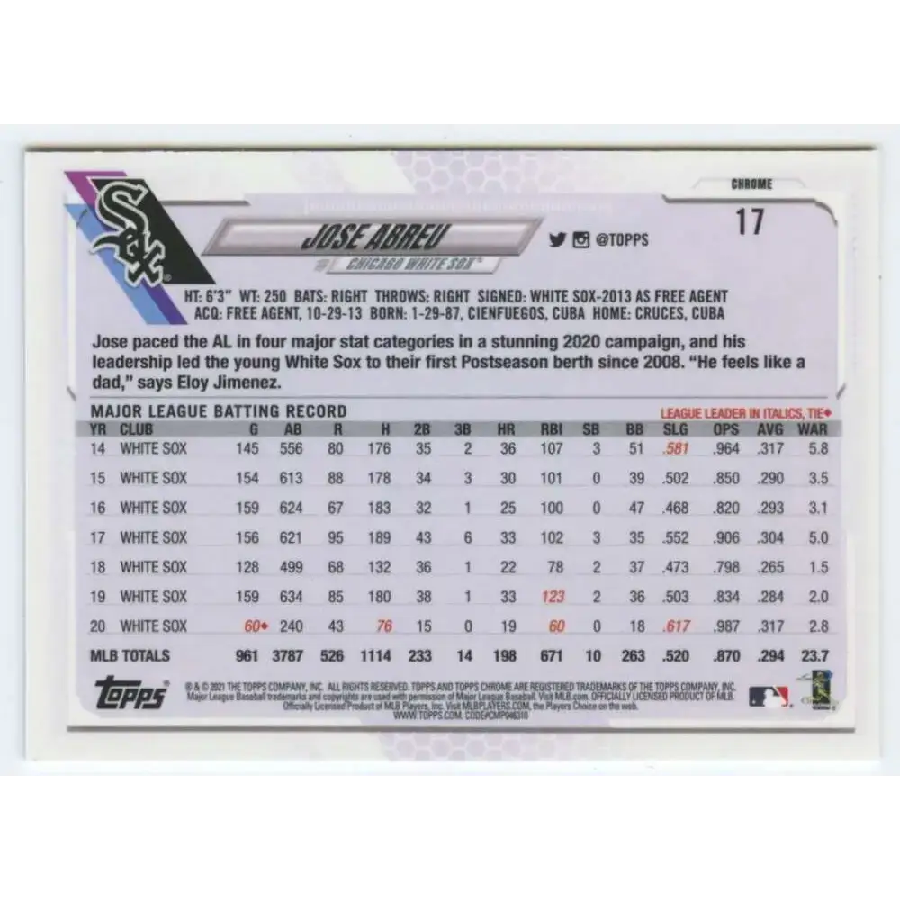 2021 Topps Chrome #17 Jose Abreu NM-MT Chicago White Sox Baseball Card - Baseball Card Single