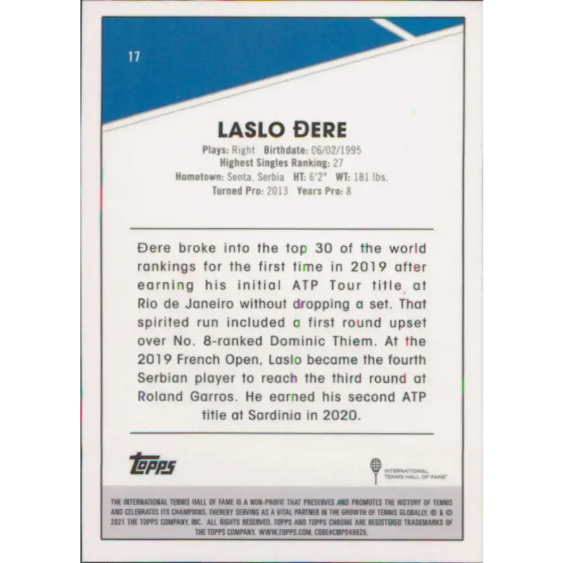 2021 Topps Chrome #17 Laslo Dere NM-MT Tennis Card - Tennis Card Single