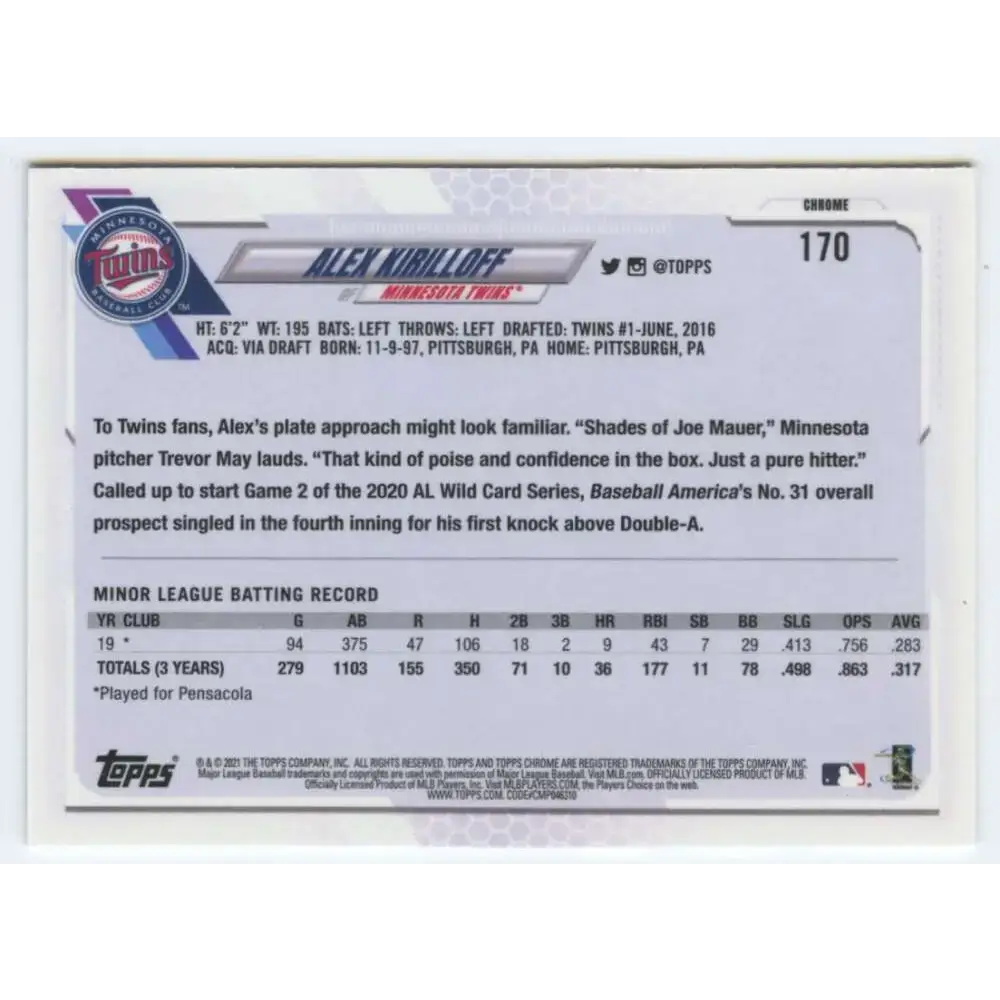 2021 Topps Chrome #170 Alex Kirilloff NM-MT RC Rookie Minnesota Twins Baseball Card - Baseball Card Single