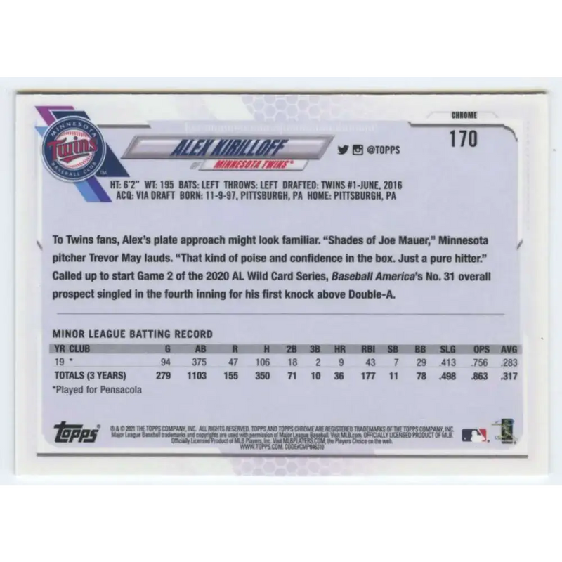 2021 Topps Chrome #170 Alex Kirilloff NM-MT RC Rookie Minnesota Twins Baseball Card - Baseball Card Single