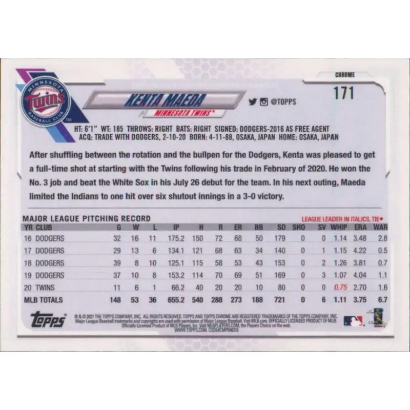 2021 Topps Chrome #171 Kenta Maeda NM-MT Minnesota Twins Baseball Card - Baseball Card Single
