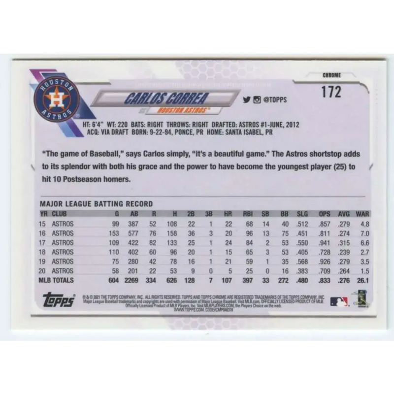 2021 Topps Chrome #172 Carlos Correa NM-MT Houston Astros Baseball Card - Baseball Card Single